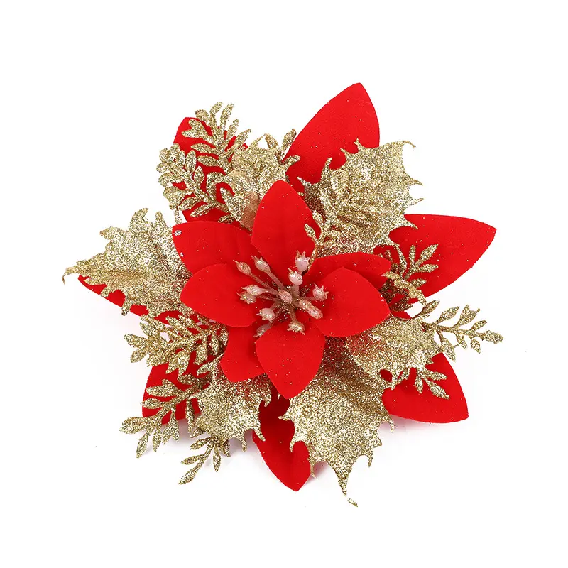 Three-layer Gold Silver Lifelike Artificial Flower Heads Christmas Glittered Poinsettia Flower For DIY Christmas Tree Decoration