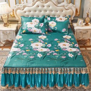 Romantic Lace Bed Skirt Home Luxury Bedding <strong>Set</strong> of King Queen Size Bed Ice Mat Folding Embroidered <strong>Sheets</strong> Bedspread with Skirt - Product Image 5