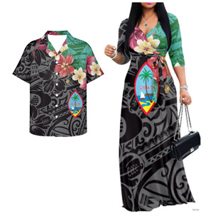 Abiti coordinati hawaiani per coppie, per vacanze al mare, con stampa tropicale, abito da donna sexy con scollo a V e linea ad A, abbinato a camicia da uomo per crociere. - Product Image 2