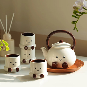 Cute Smile Face Ceramic Tea <b>Set</b> Cartoon Tea <b>Cup</b> <b>Set</b> with Pot Tea Gift <b>Set</b> for Birthday - Product Image 1
