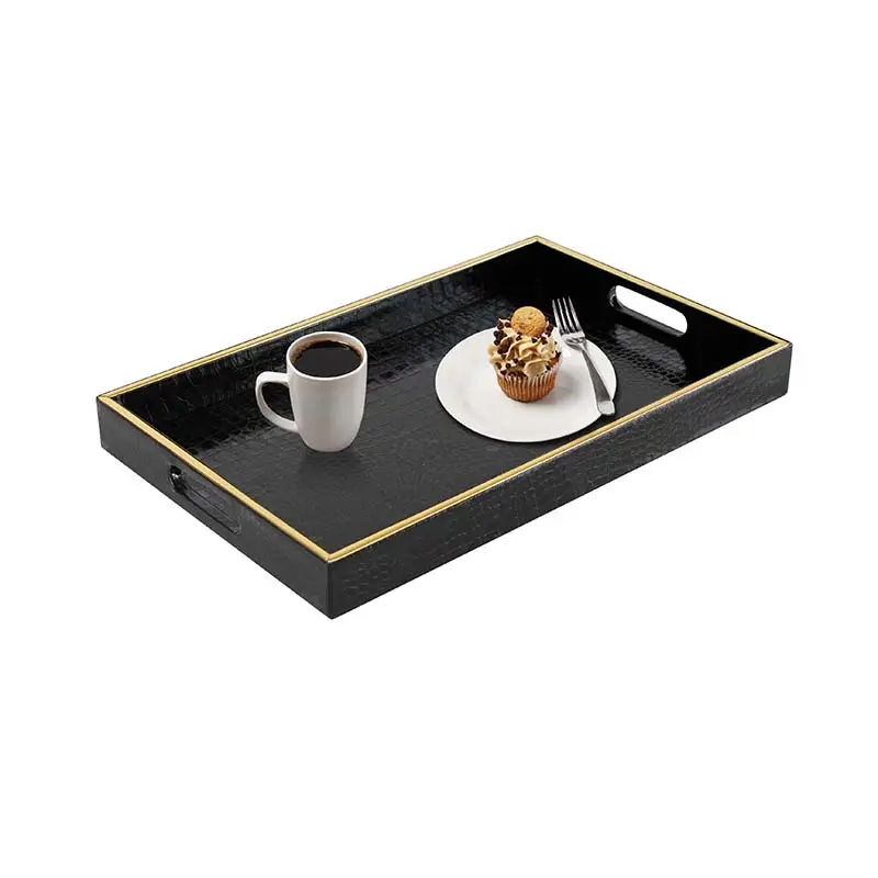 Luxury Black Faux Leather Storage Tray with Golden Color Decoration Set of 2 Decorative Tray