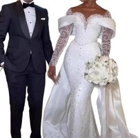 Nouvelle Robe de Mariée Style Européen et Américain, Épaules Dénudées, Paillettes, Manches Longues, Traîne Élaborée, Robe de Mariée Principale