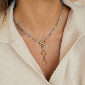 Stainless Steel Two-Tone Y-Shaped Chain <b>Necklace</b> With Gold <b>Ring</b> Pendant Geometric Design For Gift - Product Image 3