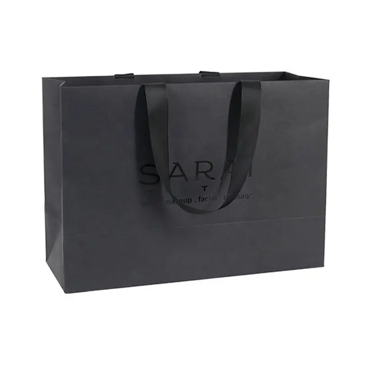Shopping Bag Recycled Custom Printing Hot Foiled Logo Recycle Gift Printed Shopping Black Paper Bag With Ribbon Handle Packaging Paper Bags