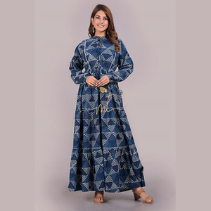 Elegante Vestido de Algodón Tejido Transpirable para Mujer, Diseño Estampado a Mano con Volantes, Manga Obispo, Cuello Alto, Ropa Casual Ecológica - Product Image 4