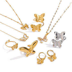 Ensemble de bijoux papillon en acier inoxydable plaqué or, collier, boucles d'oreilles, bagues, accessoires de mode, bijoux pour femmes - Product Image 5