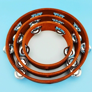 Wholesale Vintage Brown Wooden Tambourine With Single Row Paired Metal Jingles Orff Percussion Instrument For Performance - Product Image 5