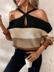 <span class=keywords><strong>Pull</strong></span>-over en maille personnalisé pour femme, style épaules dénudées, col licou, ajouré, coupe ample, fournisseur de vêtements - Product Image 3