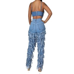 Nouveau Jean en Denim Semi-Extensible Taille Haute Skinny pour Femme avec Franges – Collection Designer - Product Image 4