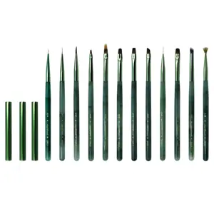 도매 12 개/세트 녹색 옥 아크릴 손잡이 디자인 네일 아트 그림 그리기 펜 뚜껑 사용자 정의 로고 네일 핀셀 젤