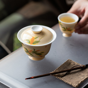 Guanlan Xuan Paper Yellow Hand-painted Gaiwan Porcelain With Lid Kung Fu <b>Tea</b> <b>Set</b> - Product Image 4