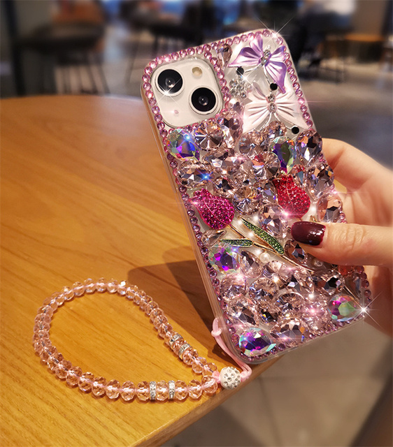 Luxury Rhinestones Rose Butterfly Diamond Phone Case for iPhone 15 14 13 12 11 Pro Max Bling Glitter Case