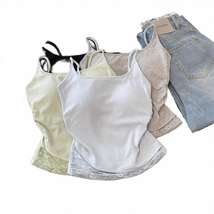 Camisole d'été pour femme en tissu Dobby patchwork de dentelle, style coréen vintage, col rond, court devant, en Spandex/Coton, pour le fitness - Product Image 2