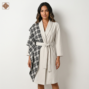 Reversible Plaid Cotton Robe <b>coat</b> With <b>Belt</b> Long Sleeve Minimalist Design For <b>Women</b> All Seasons Wear - Product Image 1