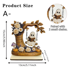 Letrero de Madera para Mesa de Halloween, Adorno de Escritorio con Figura de Pareja de Fantasmas en Columpio y Luna Floral, Decoración <span class=keywords><strong>Pastel</strong></span> para el Hogar en Halloween - Product Image 5