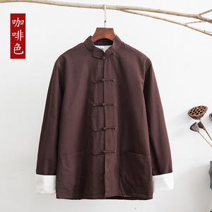 Costume traditionnel <span class=keywords><strong>chinois</strong></span> Tang en coton haut vêtements hommes à manches longues Kung Fu Tai Chi uniforme printemps automne chemise chemisier manteau - Product Image 5