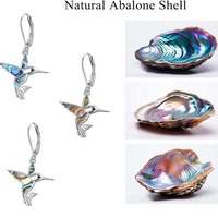 Boucles d'oreilles pendantes Colibris en Argent Sterling 925 avec Coquille d'Ormeau, Bijoux Colibris pour Femme