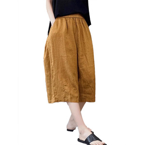 Wide Leg Pants Women Cotton Linen Summer Cropped Casual Pants Mid Waist Breathable Ginger Yellow Gray Black Khaki NX245 - Product Image 5