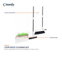 Kit complet 4-en-1 : balai, pelle, brosse à sol et raclette, avec manche en acier inoxydable à 2 sections