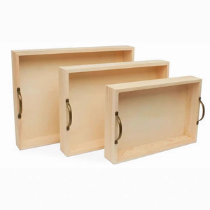 Wooden Serving <b>Tray</b> Set With Metal Handles Pine Wood Three Piece For Tea Or <b>Dinner</b> Use - Product Image 3