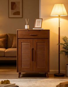 New Arrival Walnut Wood Shoe Cabinet with <b>Drawer</b> & Louvered Doors for Mid-Century Modern Entryway - Product Image 2