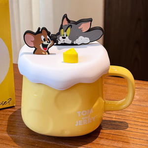 Tom And Jerry Ceramic <b>Mug</b> Light Yellow With Lid And Handle Cartoon Design For Presents - Product Image 3