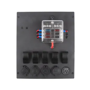 Caja de control compacta de 12V con interruptores precableados de 5x15A, 3 tomas de encendedor de cigarrillos y 1 puerto USB para barcos, caravanas