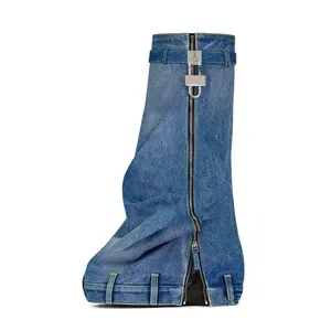 New style denim metal zipper female trend knee high boots outdoor party yhick soles platform long boots shoes for women