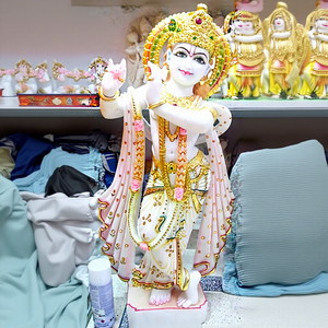 Makrana Marble <b>Painted</b> Religious Krishna Statue for Home Decoration - Product Image 1