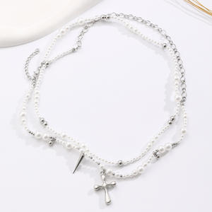 Kalung Pesta Wanita Trendy, Stylish, dan Elegan, Berlapis Emas, Paduan Logam, Mutiara Berlapis-lapis, Liontin Salib, Model Panjang dan Menonjol - Product Image 5