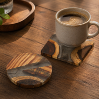 Ensemble de sous-verres en bois de pin naturel et résine, sous-verres ronds et carrés pour café, décoration de table à domicile, vente en gros