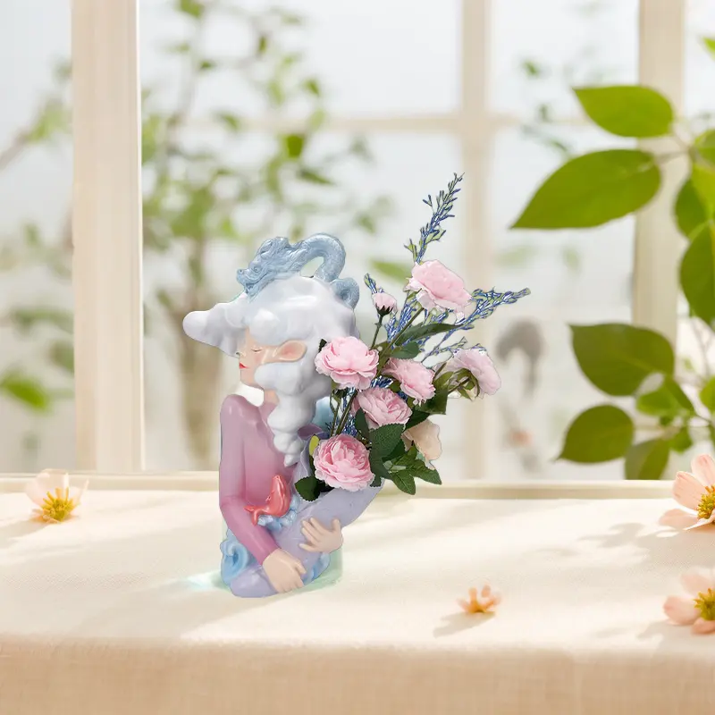 Peri bunga gadis vas Resin patung Gadis dengan naga Nordic Figurine buket gadis untuk ruang tamu dekorasi rumah dekorasi FUJ