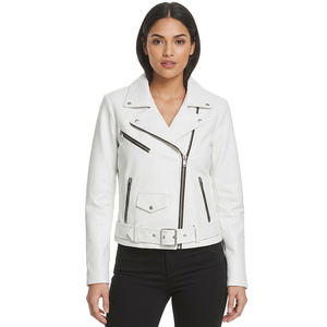 White Real Leather Biker <b>Jacket</b> Wide Notch Lapel Zipper Pocket Fitted Modern Female Streetwear Outerwear Leather <b>Jackets</b> - Product Image 2