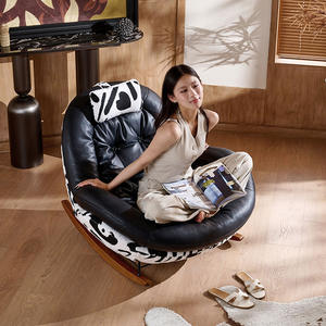 เก้าอี้โยกเพนกวิน เก้าอี้โซฟาเดี่ยว หนังสีดำ ฐานหนังวัว ทันสมัย สำหรับห้องนั่งเล่น เก้าอี้พักผ่อนพร้อมโครงไม้โยก - Product Image 4