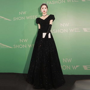 Black Velvet Evening Gown V-neck Ball Gown Natural Waist Solid Color Elegant One-piece Adult Formal Wear - Product Image 4