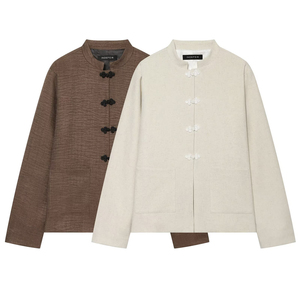 Chaqueta Casual Personalizada 2026 para <span class=keywords><strong>Mujer</strong></span>, Corte Holgado, Cuello Mandarín, Color Sólido, Estilo Vintage con Botones Tradicionales Tipo Rana, OEM/ODM - Product Image 1