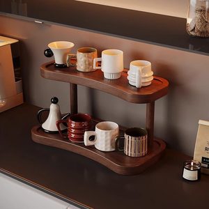 Double Layer Wooden Cup Holder Storage Rack For <b>Desk</b> Home Kitchen Space Saving Organizer Walnut Finish - Product Image 1