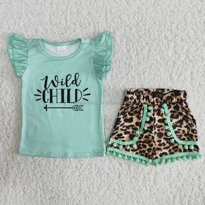 Summer Baby Girls Children Clothes Mint Pom-pom Shorts Wild Child Leopard Outfits Ruffles Boutique Matching Outfits Kids Clothes