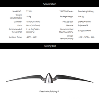 Hélice en carbone polymère T-MOTOR TF15*8 TF16*8 15 pouces 16 pouces Hélice pliable pour drone à aile fixe UAV