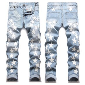 Pantalones vaqueros desgastados ajustados para hombre, Parche de estrella, cremallera en la entrepierna, diseño elástico rasgado, ropa informal estilo Hip Hop para invierno - Product Image 4
