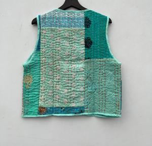 Handmade <b>Women's</b> Cotton Kantha Vests <b>Waistcoats</b> Comfortable Open Front Bedspread with Short V-Neck Design for Outer Wear - Product Image 6
