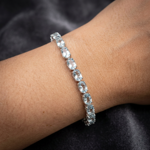 Bracelet chaîne tennis en argent sterling 925 avec aquamarine ovale 6x4mm sertie griffes, élégant cadeau pierre de naissance bleue pour anniversaire - Product Image 5