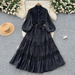 Vestido Maxi Retro Estilo Corte Francés 2026 para Mujer con Cuello Alto, Encaje Calado y Flores, Cintura Natural - Product Image 3