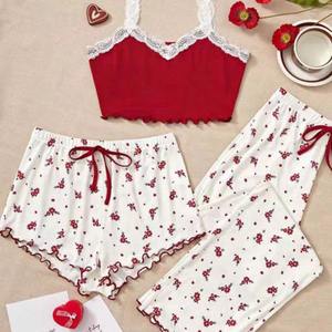 Conjunto <span class=keywords><strong>de</strong></span> tres piezas informal <span class=keywords><strong>de</strong></span> verano personalizado para mujer, pijamas florales sexis con logotipo frontal <span class=keywords><strong>de</strong></span> <span class=keywords><strong>piel</strong></span> <span class=keywords><strong>de</strong></span> <span class=keywords><strong>conejo</strong></span>, pantalones cortos finos con tirantes, ropa bonita para el hogar - Product Image 6