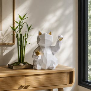 Figura de Resina de <span class=keywords><strong>Gato</strong></span> de la Suerte Geométrico, Moderna Escultura Minimalista de Maneki Neko en Blanco y Dorado, Arte de la Fortuna para Decoración del Hogar o Escritorio, Regalo - Product Image 4