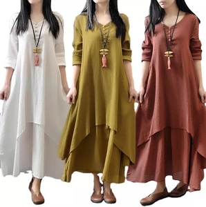 RS682 Korean Style Women Elegant Long Sleeve Dress Cotton Linen Loose Dress