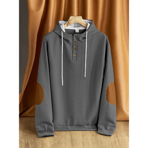 Sudadera con Capucha Acolchada para Hombre, Color Sólido, Cierre de Botones, Gruesa, para Otoño e Invierno, Informal, con Parches en los Codos - Product Image 4