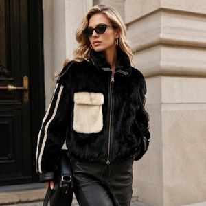 Black &amp; <strong>White</strong> Color Block Mink Fur <strong>Jacket</strong> for Women, Stand Collar Loose Fit <strong>Short</strong> Fur Coat, Casual Luxury Winter Outerwear - Product Image 1