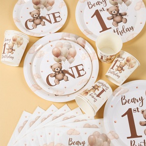 Décorations de premier <span class=keywords><strong>anniversaire</strong></span> pour garçon, assiettes, serviettes, gobelets, couverts pour 10 invités, motif ours en peluche - Product Image 4
