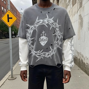 T-shirt streetwear à épaules tombantes, design gaufré, imprimé délavé à l'acide, t-shirt surdimensionné délavé, double couche, manches longues - Product Image 1